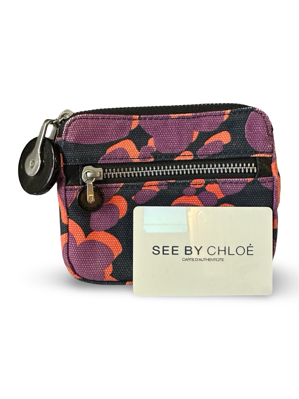 See By Chloé Cotton Canvas Floral Zip Coin Purse Pouch Wristlet w/ COA Card